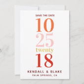 レッド、オレンジ、ピンクのミニマルタイポグラフィ セーブザデート (正面)