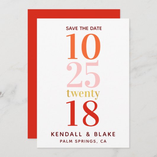 レッド、オレンジ、ピンクのミニマルタイポグラフィ セーブザデート (正面/裏面)