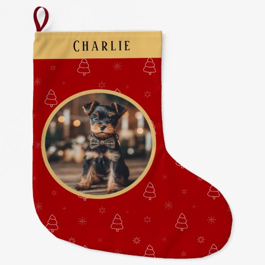 レッド クリスマス 犬 名前 記念 ラージクリスマスストッキング (正面)