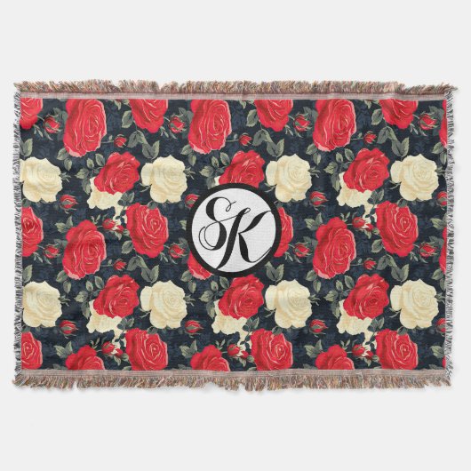 レッド&クリームバラモノグラパターン（の模様が）あるム スローブランケット (正面)