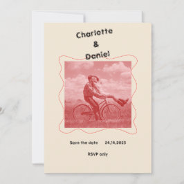 レッド&クリームミニマモダンリストおもしろいレトロ結婚ズ 招待状