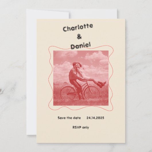 レッド&クリームミニマモダンリストおもしろいレトロ結婚ズ 招待状 (正面)