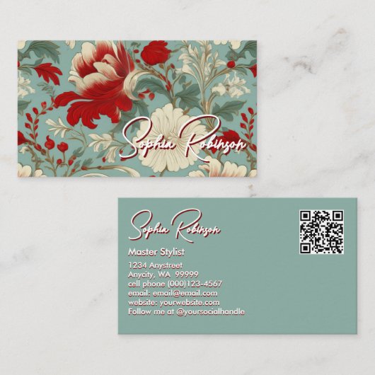 レッド、クリーム、グリーン淡い色のフローラ名刺 割引カード (正面/裏面)