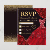 レッド・グラム・ウェーブズ&グリッター・ドレス・Sweet sixteen 出欠カード (正面/裏面)