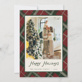 レッド＆グリーンのタータンチェックのクリスマス家族写真カード シーズンカード