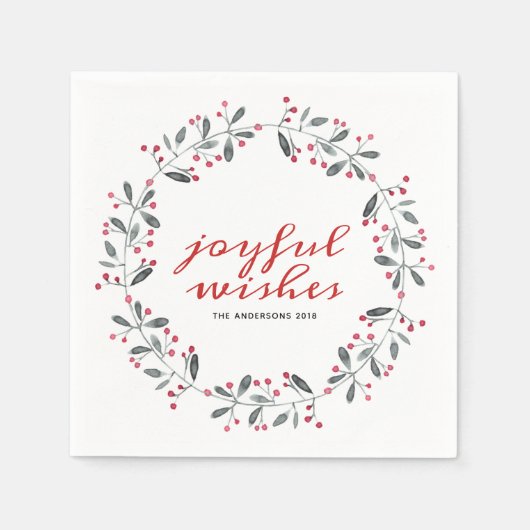 レッド&グリーンウォーターカラーホリークリスマスリース スタンダードカクテルナプキン (正面)