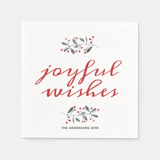 レッド&グリーンウォーターカラーホリーブランチホリデー スタンダードカクテルナプキン (正面)