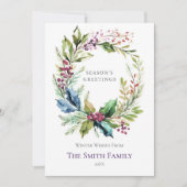 レッド&グリーンウォーターカラーホリーリースクリスマスカード シーズンカード (正面)