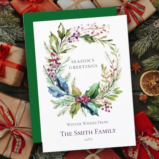 レッド&グリーンウォーターカラーホリーリースクリスマスカード シーズンカード