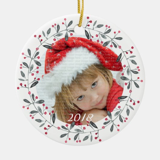 レッド&グリーンエレガントホリーリースクリスマス セラミックオーナメント (正面)