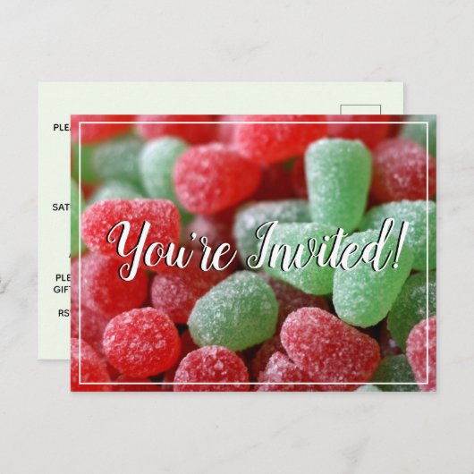 レッド&グリーンガムドロップスクリスマス招待状はがき インビテーションポストカード (正面/裏面)