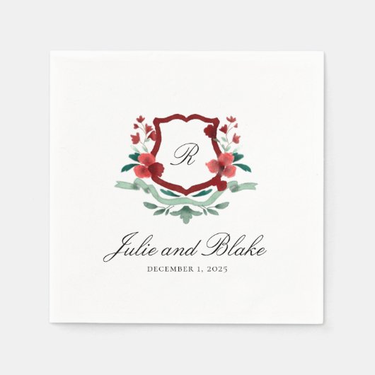 レッド&グリーンクラシック結婚ズモノグラムクレストナプキン スタンダードカクテルナプキン (正面)