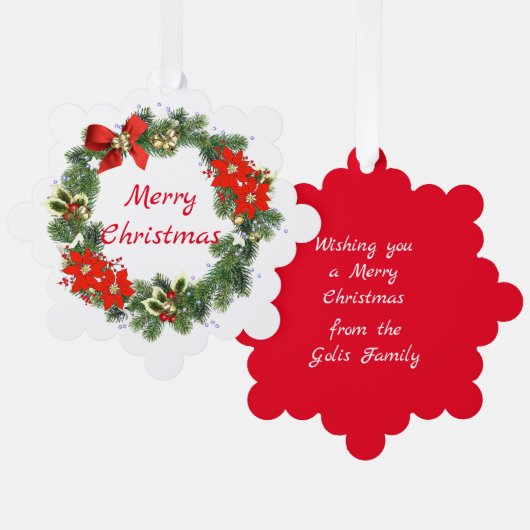 レッド&グリーンクリスマスリース紙オーナメントカード オーナメントカード (正面/裏面)