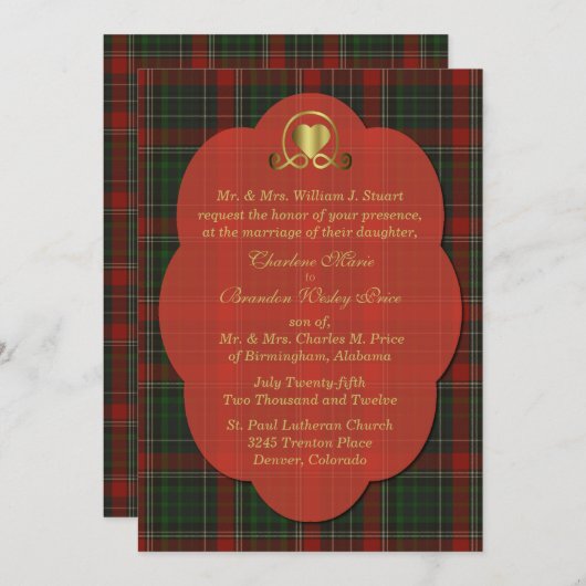 レッド&グリーンスチュアートタータンチェックプレイドカスタム結婚式 招待状 (正面/裏面)