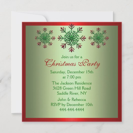 レッド&グリーンスノーフレーククリスマスパーティー招待状 招待状 (正面)