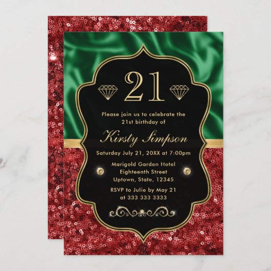 レッド&グリーンホリデイきらめく誕生日 招待状 (正面/裏面)