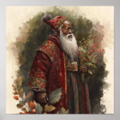 レッド&グリーンボタニカルブラックウッドランドブラックサンタ ポスター (正面)