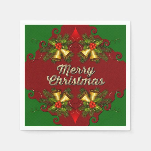 レッド&グリーンメリークリスマスベルズホリデーナプキンズ スタンダードカクテルナプキン (正面)