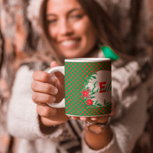 レッド&グリーン水玉模様ボタニカルカスタムモノグラム コーヒーマグカップ