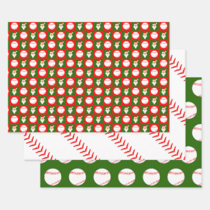 レッド&グリーン野球&サンタマッチングのクリスマス ラッピングペーパーシート