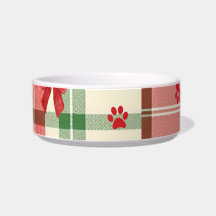レッド+グリーン+クリームの田舎風クリスマス犬用ボウル