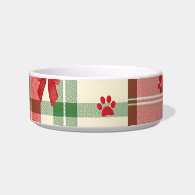 レッド+グリーン+クリームの田舎風クリスマス犬用ボウル ボウル (正面)