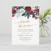 レッド グリーン ゴールド ワインレッドの花模様のクリスマスパーティー 招待状 (スタンド正面)