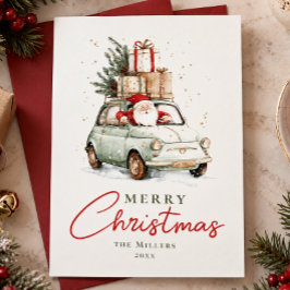 レッド+グリーン サンタの車 水彩 クリスマス