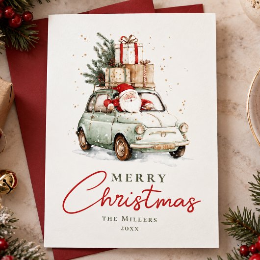 レッド+グリーン サンタの車 水彩 クリスマス