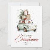 レッド+グリーン サンタの車 水彩 クリスマス (正面)