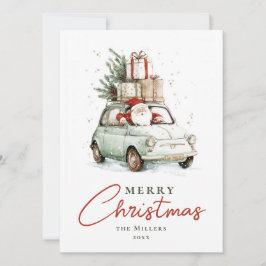レッド+グリーン サンタの車 水彩 クリスマス