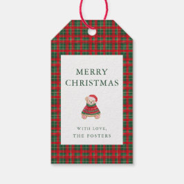 レッド グリーン タータン プリント テディベア クリスマス ギフトタグ