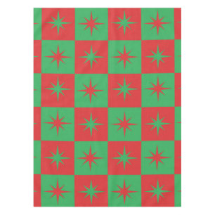 レッド+グリーン+チェック柄の アトミック・クリスマス・スターバースト  テーブルクロス