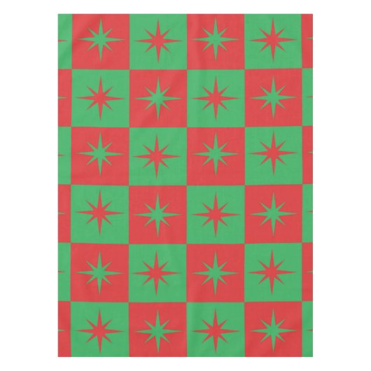 レッド+グリーン+チェック柄の アトミック・クリスマス・スターバースト テーブルクロス (正面)