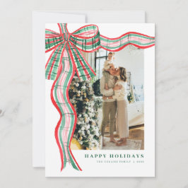 レッド&グリーン・チェック柄リボンのクリスマス 写真入り ホリデーカード