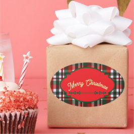 レッド+グリーン・チェック柄 メリークリスマス 楕円形シール
