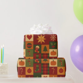 レッド グリーン パッチワーク キルト ラスティック ファームハウス フラワル ラッピングペーパー