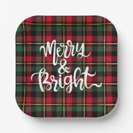 レッド、グリーン、ブラック&金ゴールドクリスマスプレイド ペーパープレート