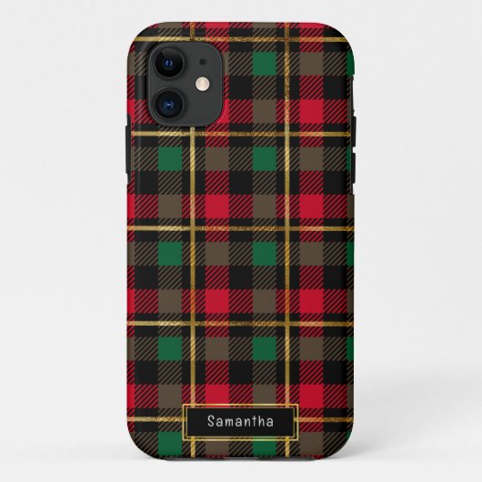 レッド、グリーン、ブラック&金ゴールドクリスマスプレイド Case-Mate iPhoneケース (裏面)