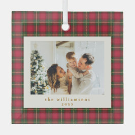 レッド+グリーン・プラッドのクリスマス家族写真の記念品 ガラスオーナメント