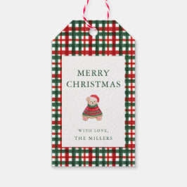 レッド グリーン プリント柄 おしゃれテディベア クリスマス ギフトタグ
