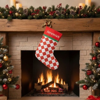 レッド グリーン ホワイト アーガイル モノグラム スモールクリスマスストッキング