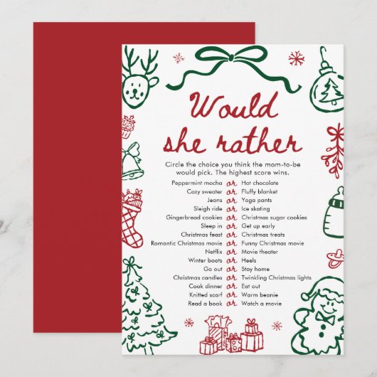 レッド グリーン 冬 クリスマス Would She Rather ゲーム 招待状 (正面/裏面)