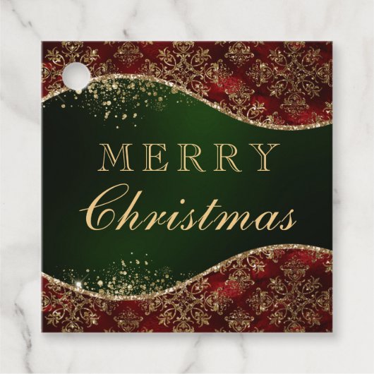 レッド、グリーン、金ゴールドグリッターダマスククリスマス フェイバータグ (正面)
