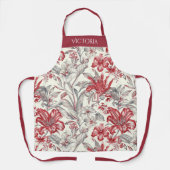 レッド&グレーフローラトイルシャビーシックパーソナライズされた エプロン (正面)