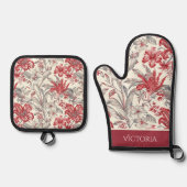 レッド&グレーフローラトイルシャビーシックパーソナライズされた 鍋つかみ&鍋敷きセット (正面)