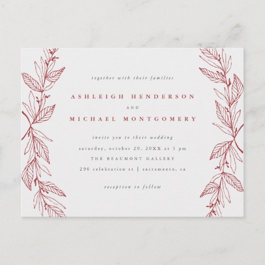 レッド&グレー手植物リース結婚ズ インビテーションポストカード (正面)