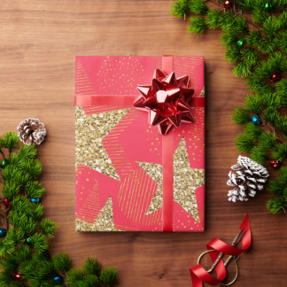 レッド&ゴールドのラメが輝くクリスマス星 ラッピングペーパー