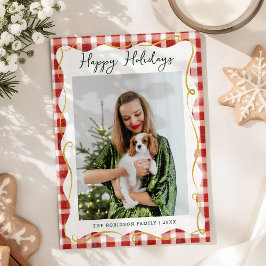 レッド&ゴールド ギンガム柄 Happy Holidays 1枚の写真 シーズンカード