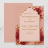 レッド＆ゴールド フローラル 誕生日パーティー 招待状 (正面/裏面)